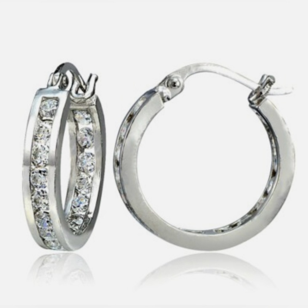 Silver Hoop Earrings • Cubic Zirconia Inside Out Channel • NWOT
